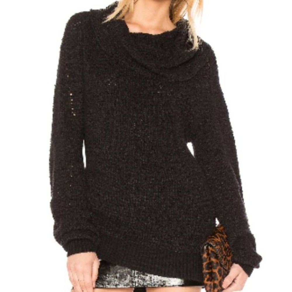 Free People "By Your Side" Black Turtleneck Loose Weave Sweater, Size Small